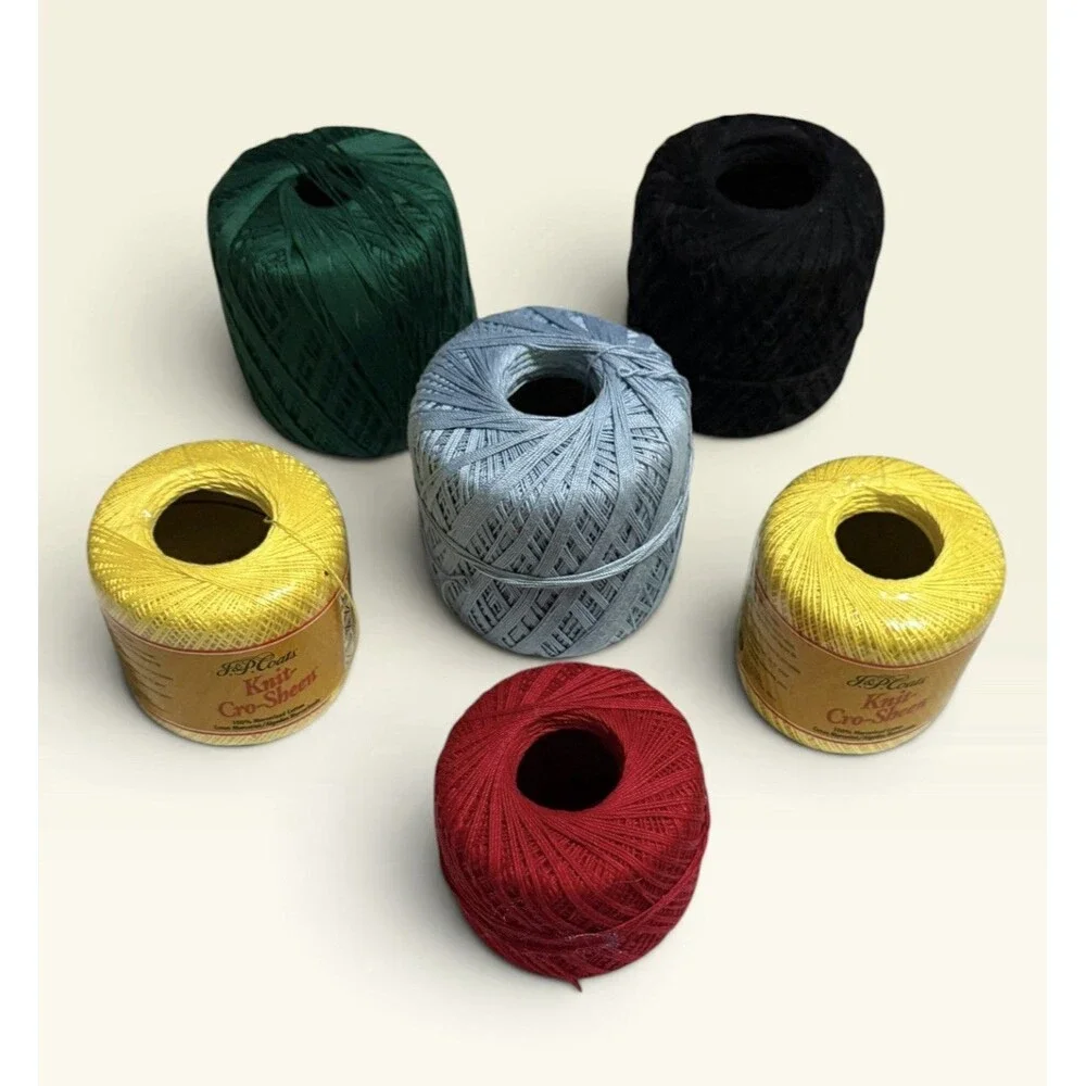 J&P Coats Knit-Cro-Sheen Crochet Thread Lot 6 Spools Yellow Red Green Black Blue